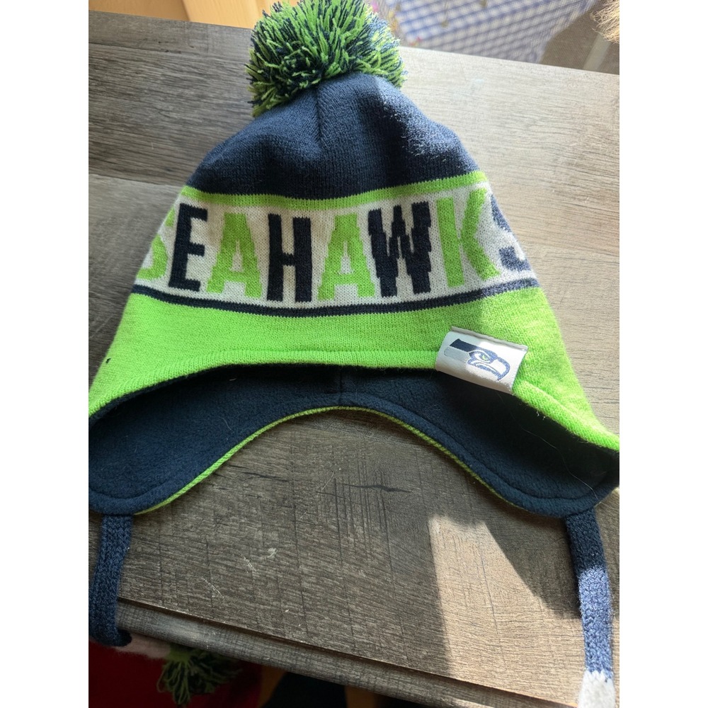 New Era Seattle Seahawks NFL Knit Beanie Hat Ear Flaps Pom Tassels Navy Green